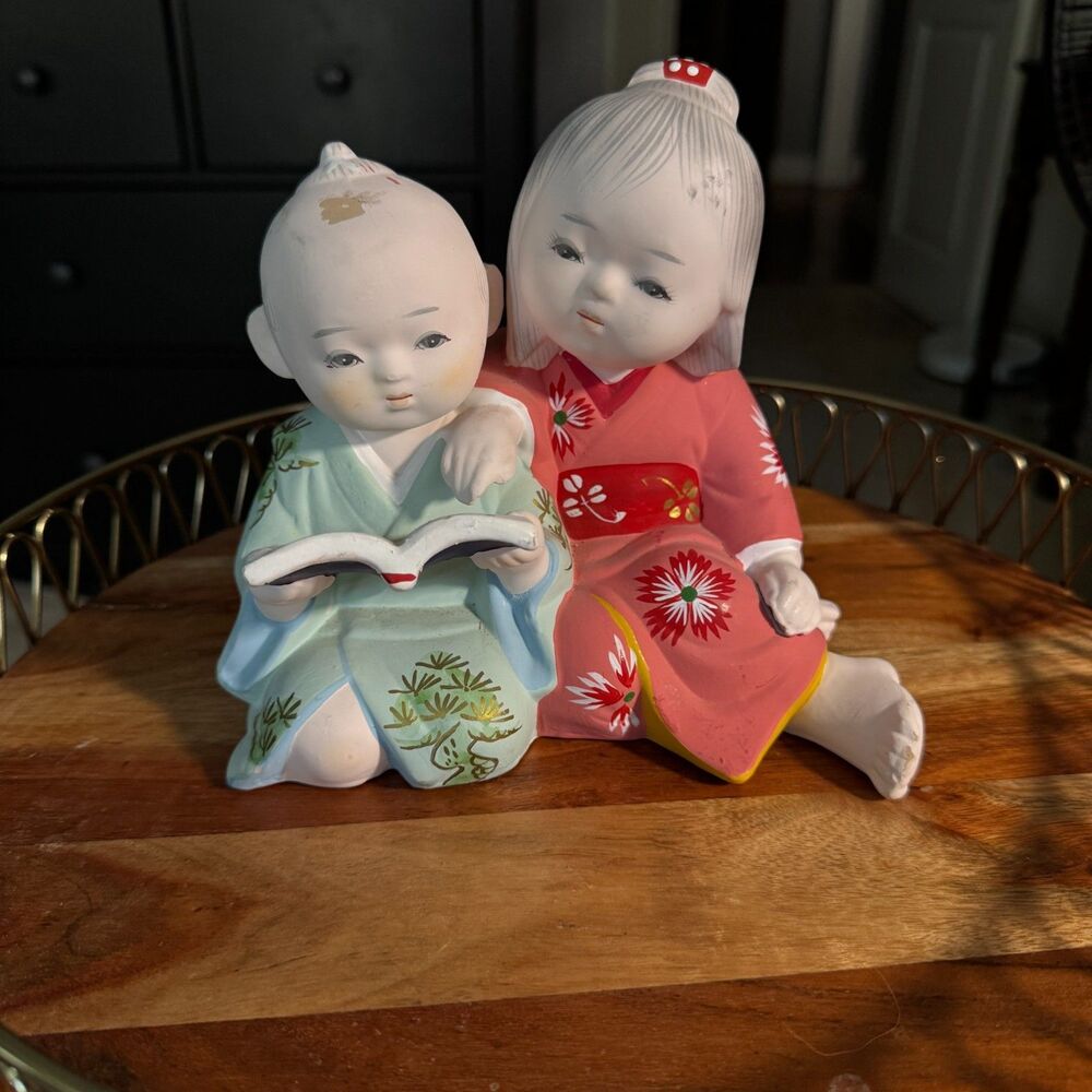 Vintage Japanese Hakata Doll Figurine Sister & Brother Reading Clay Statue 1970s